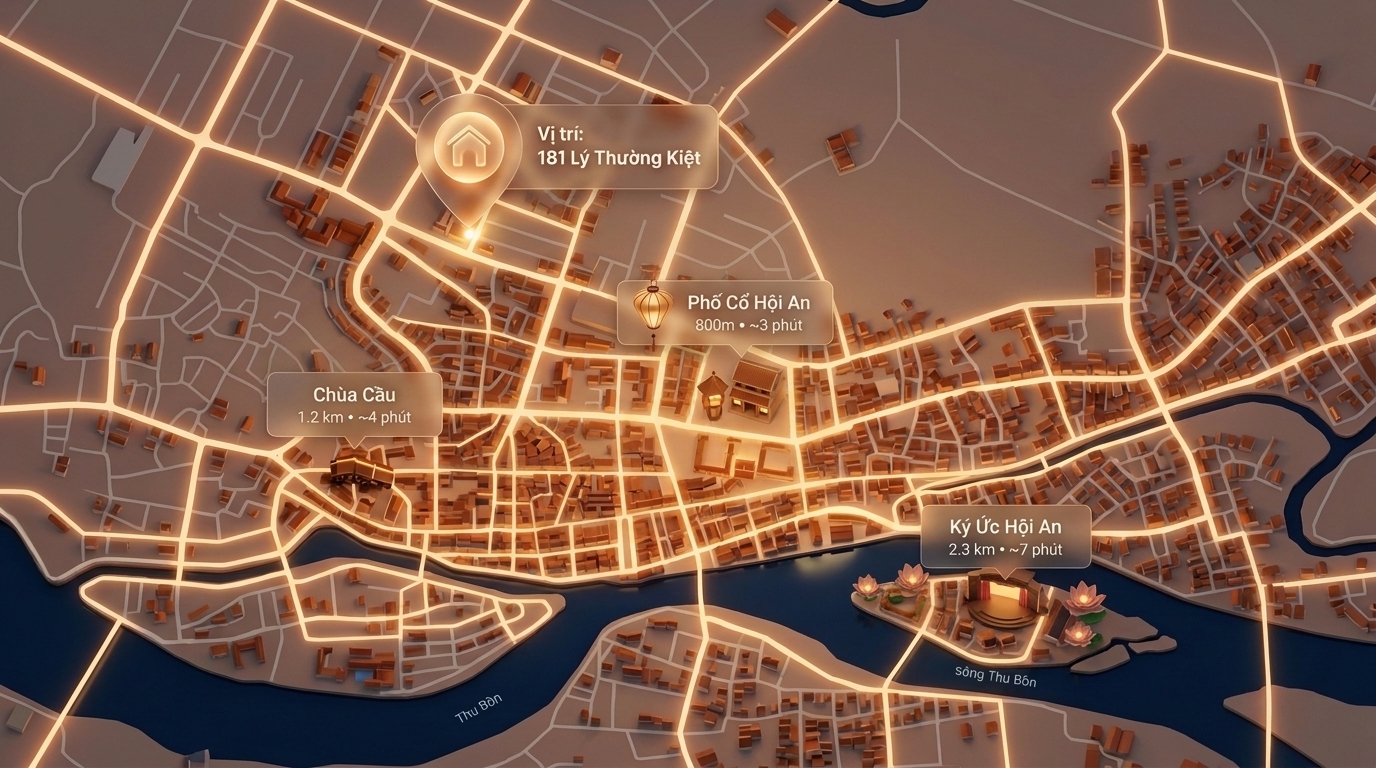 Sơ đồ minh họa vị trí 181 Lý Thường Kiệt liên kết các địa danh trung tâm Hội An